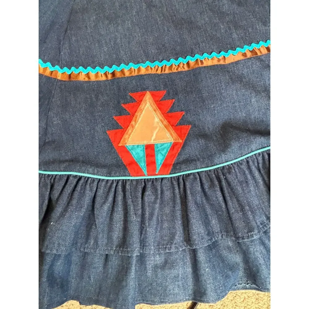 Vintage Handmade Southwest Denim Skirt Tiered Ruffle Hem‎ Abstract Art Appliqué